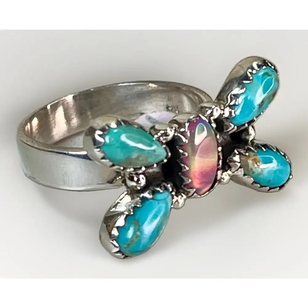 Southwest Sterling Silver Kingman Turquoise Pink Opal Butterfly Cluster Ring
